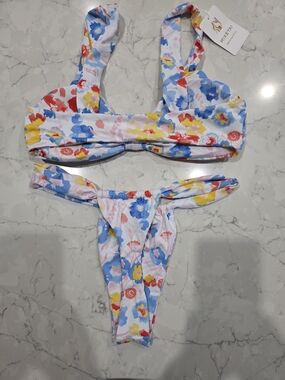 Womens Floral Bandeau Thong Bikini Set - Multicolor